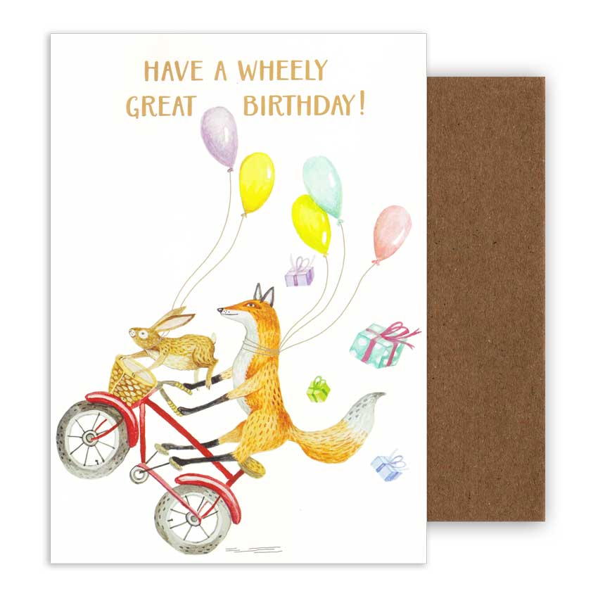 Grußkarte Wheely Great Birthday von Hester & Cook – fröhliche Geburtstagskarte mit Fuchs und Hase auf dem Fahrrad, bunten Ballons und Geschenken, inklusive naturbraunem Kuvert