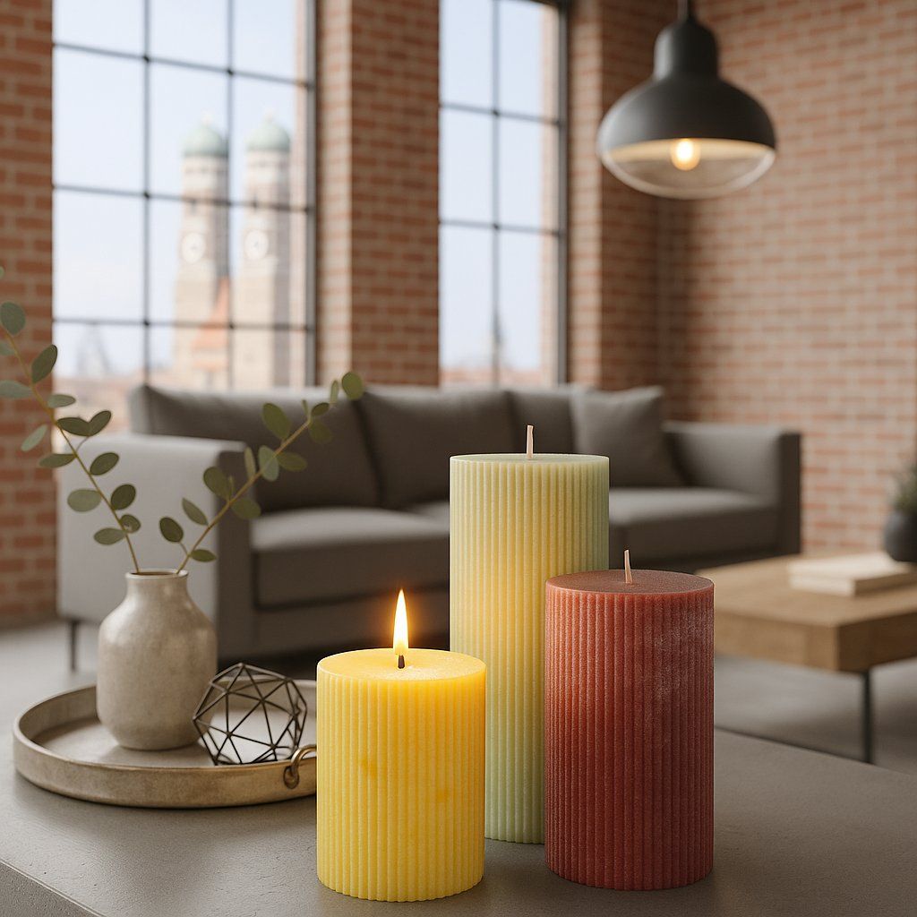 Drei gerillte Shape & Shine Stumpenkerzen in Gelb, Grün und Rot in modernem Loft mit Blick auf die Münchner Frauenkirche – stilvolle Wohnraumdeko mit warmem Kerzenlicht