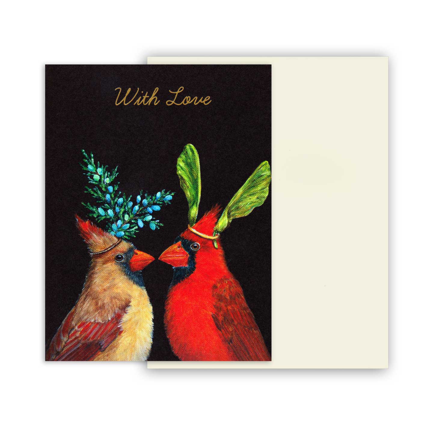 Grußkarte von Vicki Sawyer für Hester & Cook: zwei rote Kardinalsvögel mit grünen und blauen Pflanzen auf dem Kopf, liebevoll einander zugewandt. Künstlerische Karte mit dem Schriftzug „With Love“.