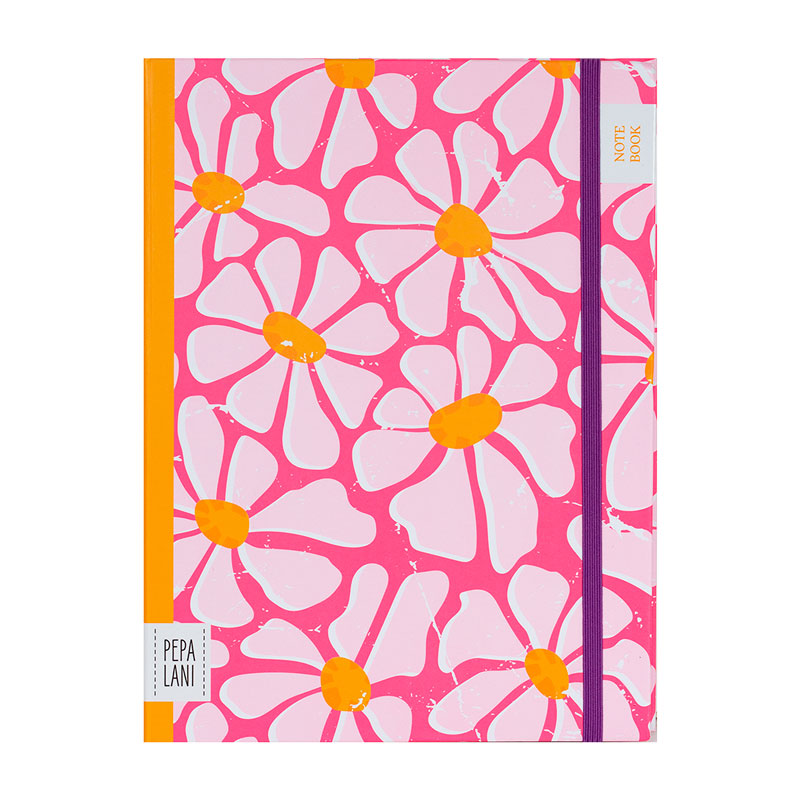 Notizbuch Spring Flower von Pepa Lani – farbenfrohes Blumen-Design in Pink, Orange und Weiß, stilvolles Notebook mit elastischem Verschlussband, ideal für Notizen und kreative Ideen