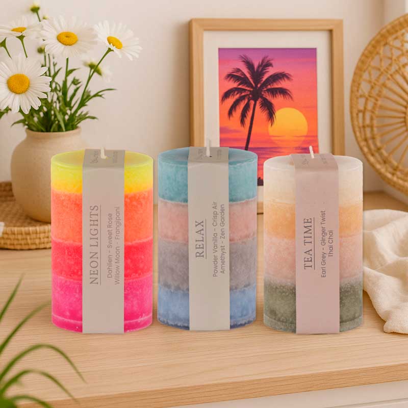 Drei bunte Duftkerzen von Schulthess in Multi Colour Optik – Neon Lights, Relax und Tea Time – handgemachte Kerzen mit farbigen Schichten für harmonische Stimmung