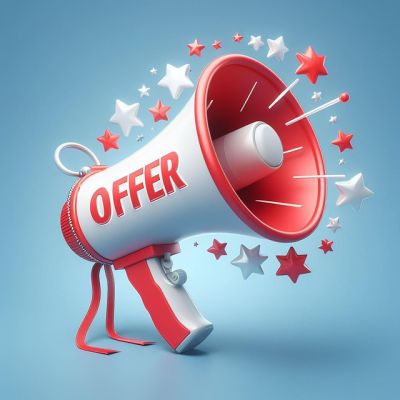 Rotes Megafon mit dem Schriftzug „Offer“ auf blauem Hintergrund, umgeben von weißen und roten Sternen – Symbolbild für Neuheiten, Angebote und neue Produkte im Lebenswerte Onlineshop.