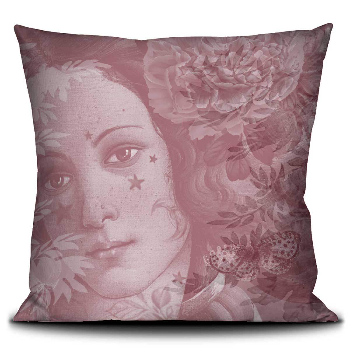 Voglio Bene Kissen VÉNUS Rückseite 60x60 cm – elegantes Samtkissen in Rosé mit floralem Muster, Porträtdetail und sanften Farbverläufen
