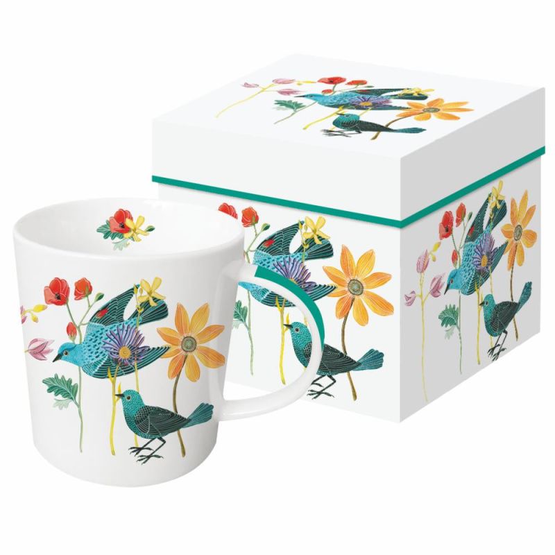 PPD Tasse „Capistrano“ mit farbenfrohem Vogelmotiv und Blumenillustration, detailreich gestaltet und mit Geschenkbox – frühlingshafte Porzellantasse für stilvolle Tischkultur.