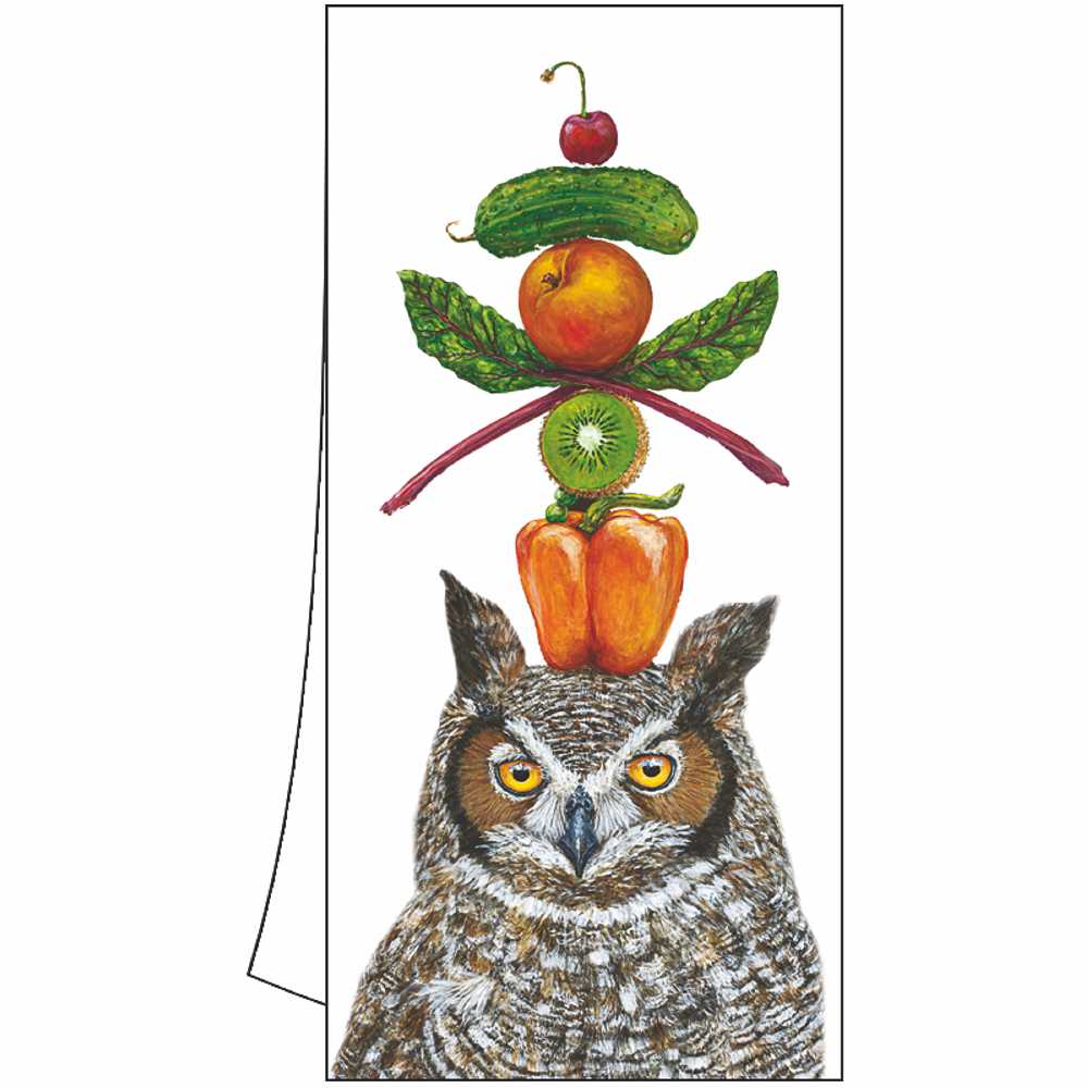 What a Hoot PPD Geschirrtuch „What a Hoot“ mit Eule und kunstvoll arrangiertem Obst und Gemüse – humorvolles, detailreiches Design für kreative Küchendekoration.