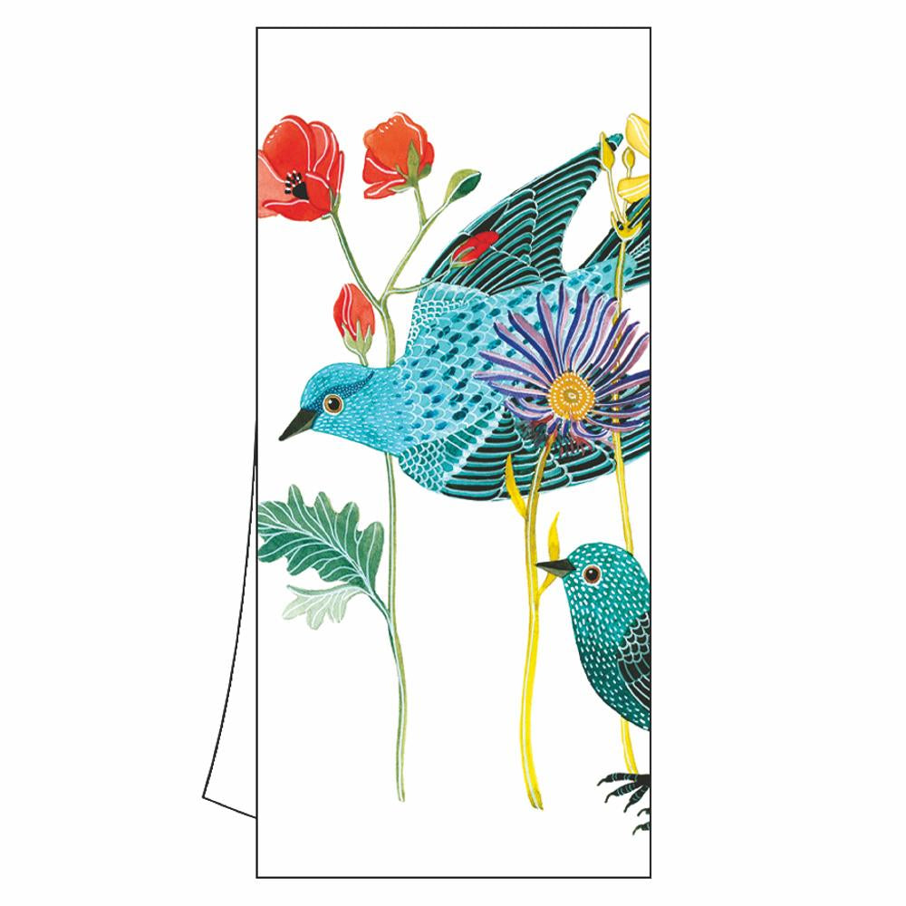 Capistrano PPD Geschirrtuch „Capistrano“ mit leuchtend blauen Vögeln und farbenfrohen Blüten – elegantes, naturinspiriertes Design für eine frische Küchendekoration.