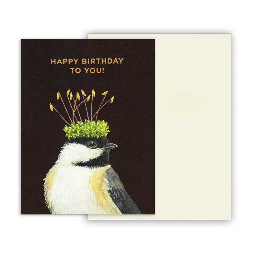 Grußkarte Birthday Chickadee von Hester & Cook – elegante Geburtstagskarte mit handillustriertem Vogelmotiv und goldener Schrift Happy Birthday to You!, inklusive passendem Kuvert