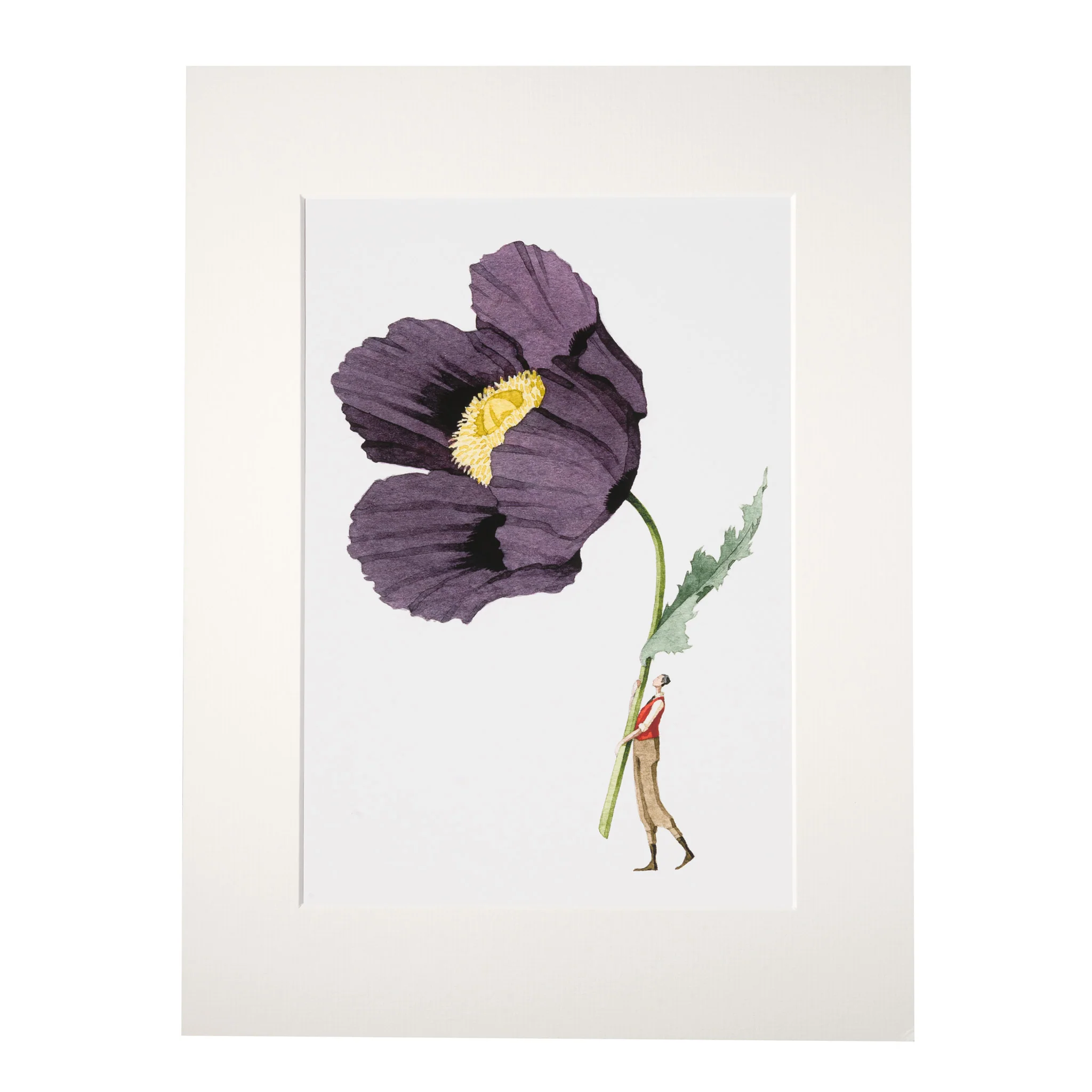 Art Print von Laura Stoddart mit tiefvioletter Mohnblüte und kleiner Figur – elegante florale Wandkunst im poetischen botanischen Stil.