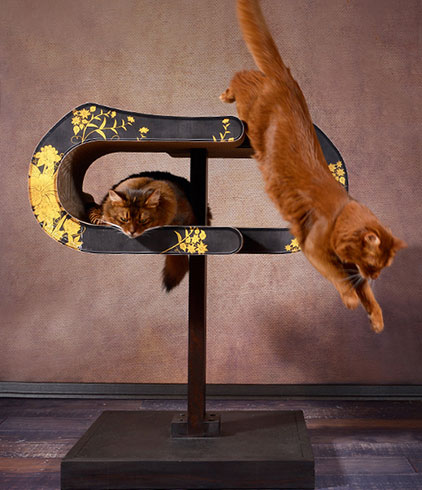 Kratzbaum „Arbor“ von cat-on – stilvolles Designerstück in Schwarz-Gold mit zwei Katzen beim Spielen und Springen. Hochwertiges, nachhaltiges Katzenmöbel mit elegantem Design.
