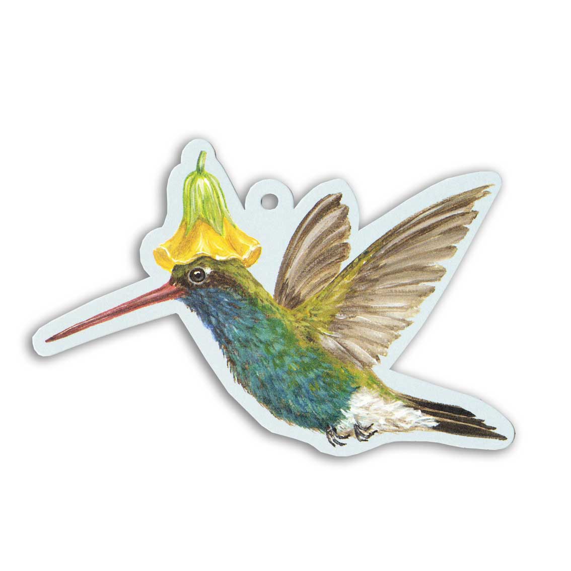 Geschenkanhänger von Hester & Cook: farbenprächtiger Kolibri mit gelber Blüte als Hut. Künstlerisch illustrierter Anhänger für Geschenke – liebevoll gestaltet von Vicki Sawyer.