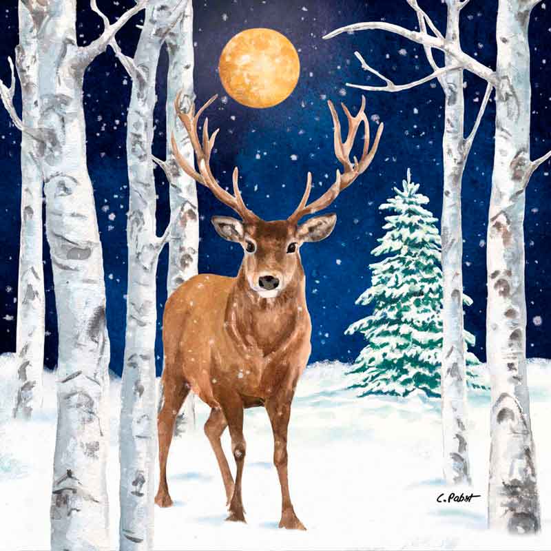 PPD Serviette „Winter Stag“ mit majestätischem Hirsch im verschneiten Wald unter Vollmond – stimmungsvolles Winterdesign von C. Pabst für festliche Tischdekoration.