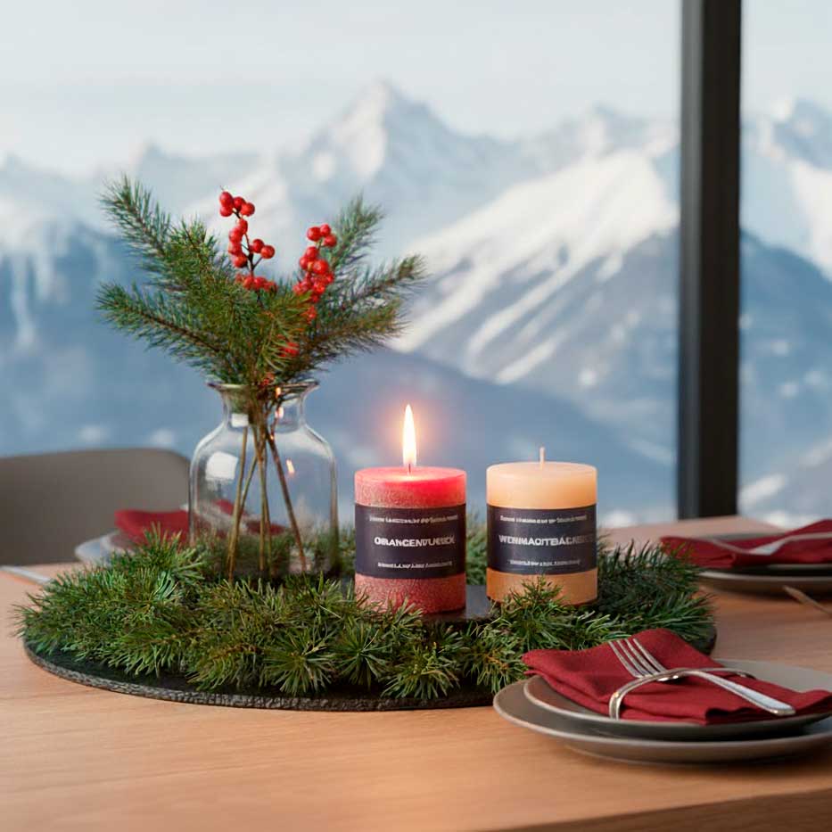 Schulthess Duftkerzen in winterlicher Tischdekoration mit Tannengrün und Alpenpanorama – stimmungsvolle Weihnachtsatmosphäre im Chalet-Stil.