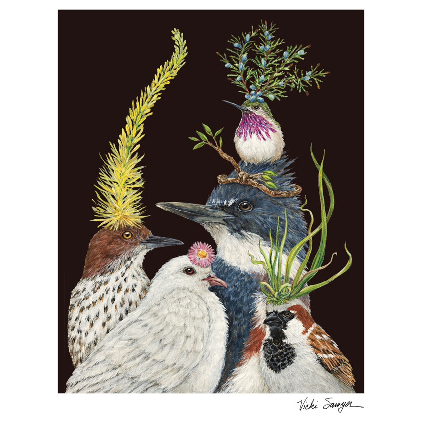 Art Print „Soirée“ von Vicki Sawyer – gesellige Vogelszene mit floralen Elementen, hochwertiger Kunstdruck auf Baumwollpapier