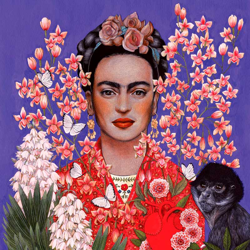 für stilvolle Alltagsmomente Künstlerisch gestaltete Serviette mit Porträt von Frida in rotem Kleid, umgeben von tropischen Blüten und Schmetterlingen. Das farbenfrohe Motiv erinnert an lateinamerikanische Kunst.