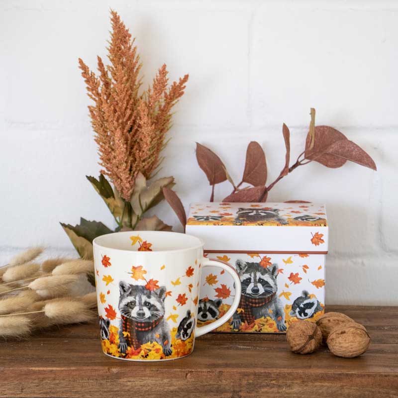 Porzellantasse PPD „Rocky & Friends“ mit Waschbär-Motiv, bunten Herbstblättern und passender Geschenkbox, dekorativ arrangiert mit Trockenblumen und Walnüssen im herbstlichen Stil.