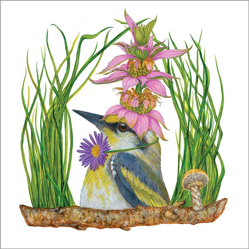 PPD Servietten „Harper“ mit farbenfrohem Vogelmotiv von Vicki Sawyer, geschmückt mit rosa Blüten und Gräsern – kunstvolle Design-Servietten für stilvolle Tischdekoration.