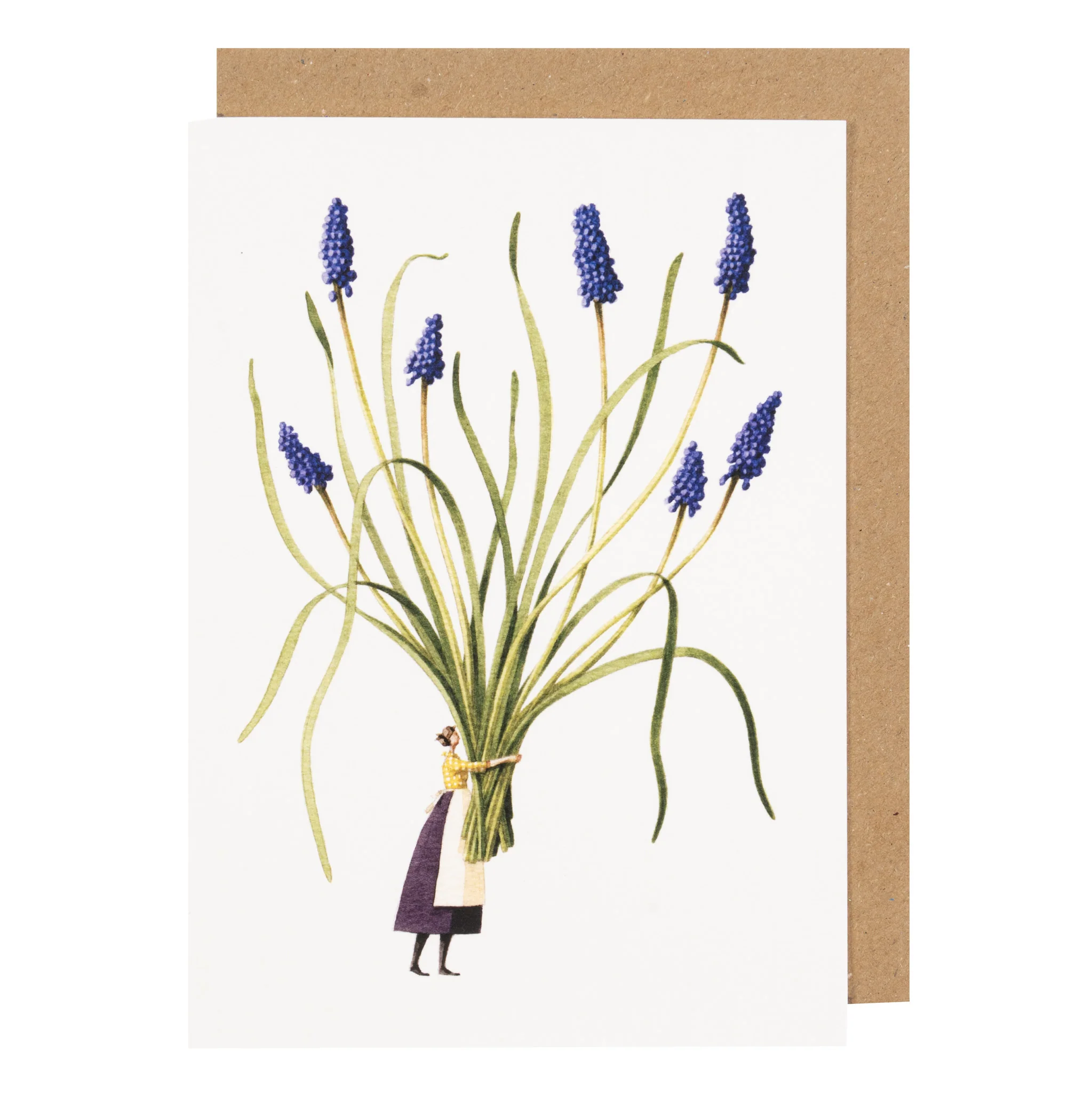 Grußkarte „Muscari“ von Laura Stoddart mit zarten Traubenhyazinthen im Aquarellstil und poetischer Miniaturfigur – botanische Papeterie aus England mit floraler Eleganz.