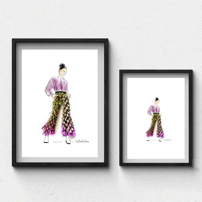 Art Print „Flower Power“ von Lütteblüten – Frauenfigur mit blütenreicher Kleidung, florale Illustration in modernem Stil