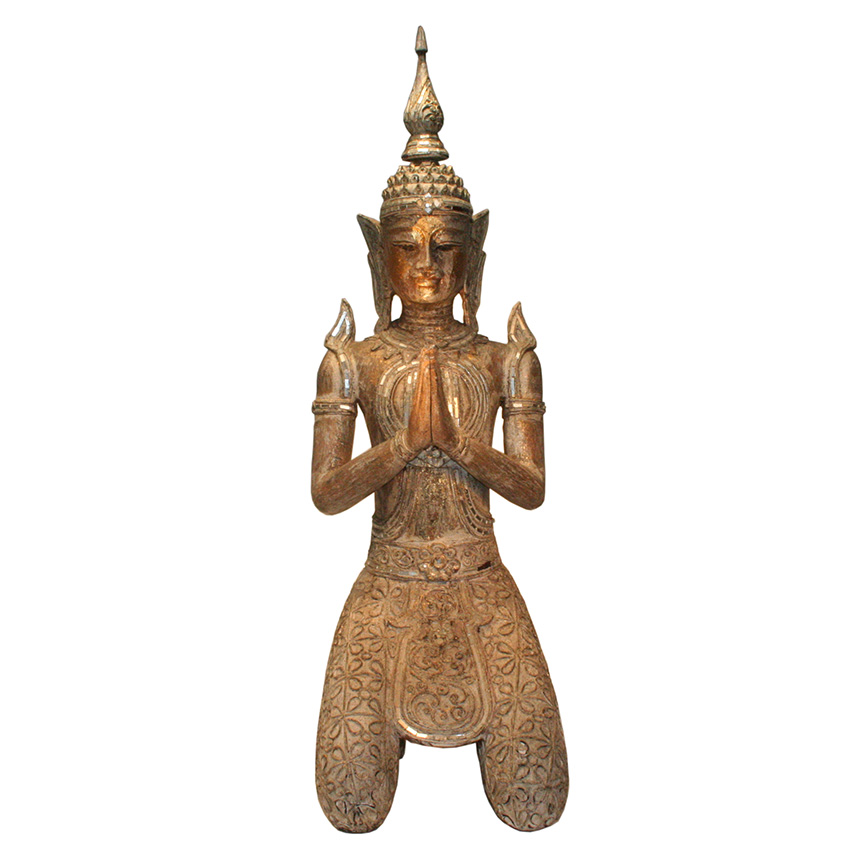 Großer Thepanom Engel im Shabby-Stil aus Chiang Mai, thailändische Holzfigur in Gebetshaltung – handgefertigtes spirituelles Unikat