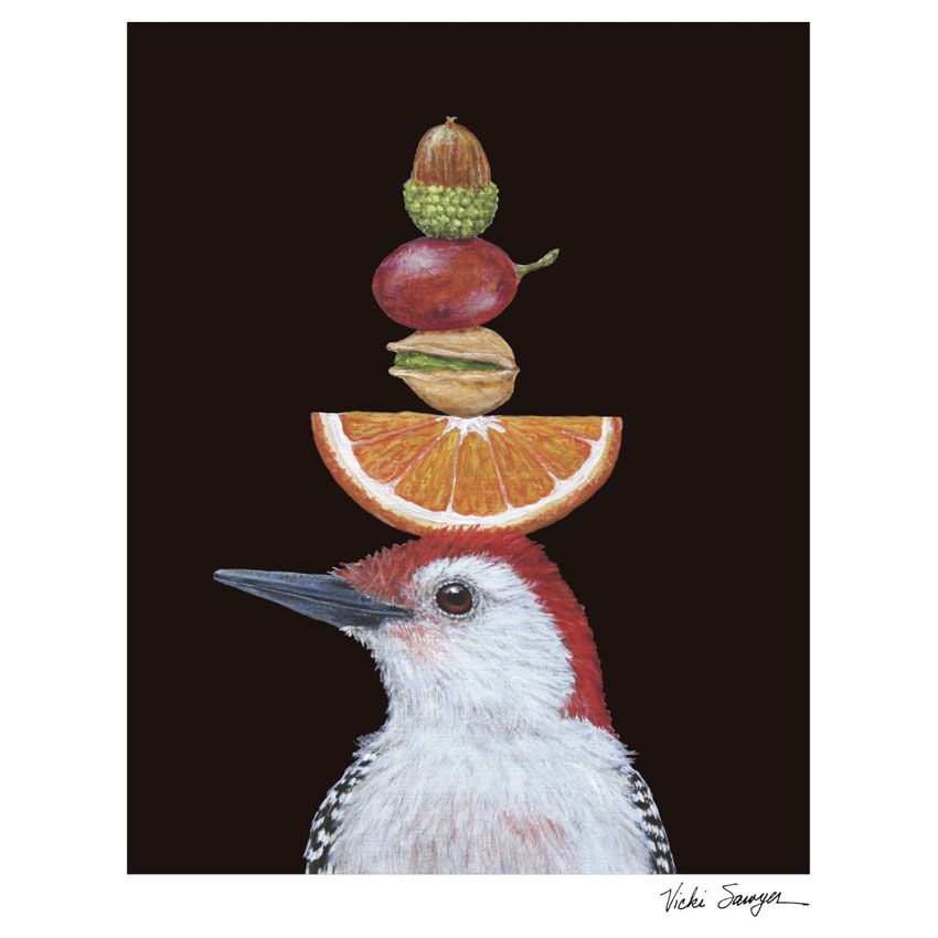 Art Print „Snack Time“ von Vicki Sawyer – Vogel mit balancierter Früchte-Komposition, hochwertiger Kunstdruck auf Baumwollpapier