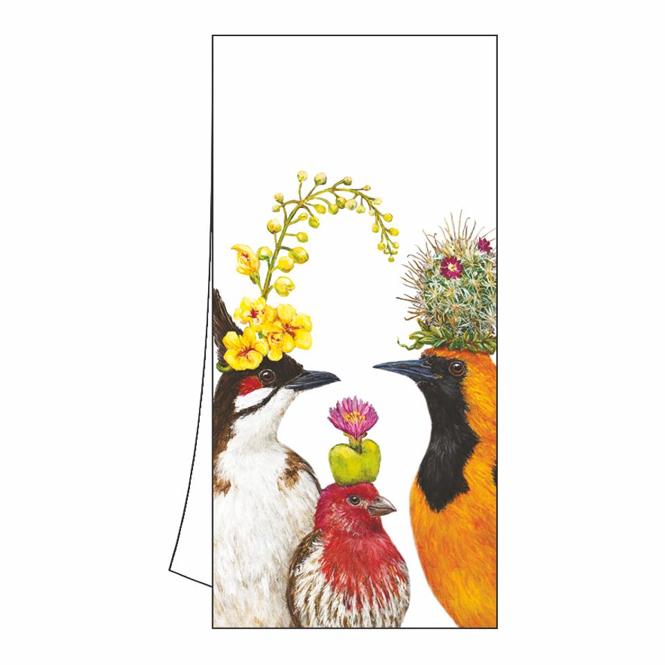 The Entourage PPD Geschirrtuch „The Entourage“ mit farbenfrohen Vogelmotiven und Blumenhüten – kunstvolles Design von Vicki Sawyer für eine stilvolle und fröhliche Küchendeko.