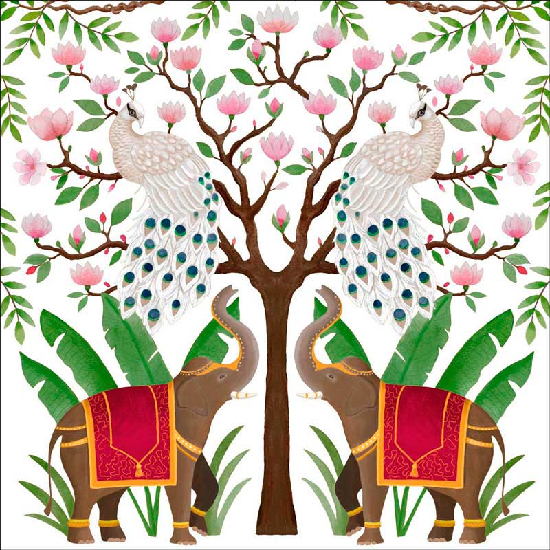 PPD Serviette „Elephant & Peacock“ mit exotischem Design von Bex Parkin – elegante Elefanten und weiße Pfauen unter blühenden Lotuszweigen für stilvolle Tischdekoration.