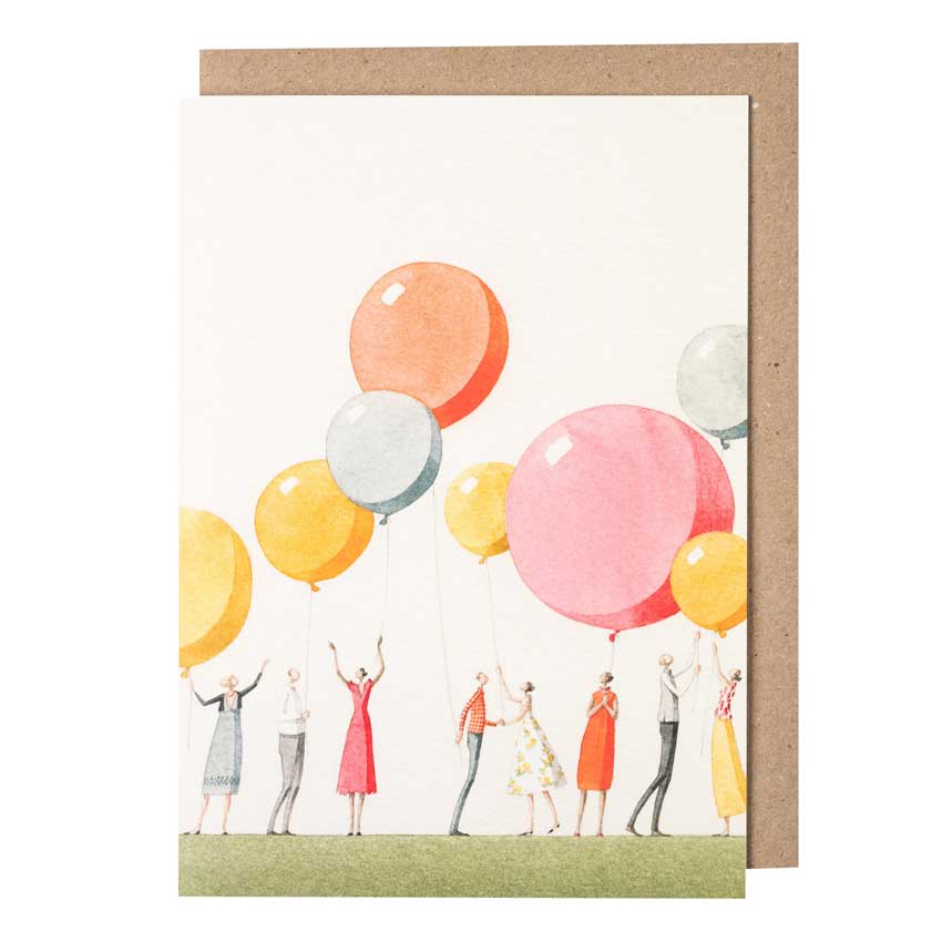 Grußkarte Balloon Party von Laura Stoddart – stilvolle Geburtstagskarte mit zarten Illustrationen von Menschen, die bunte Luftballons halten, inklusive braunem Kuvert