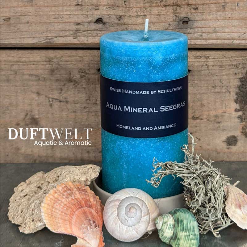 Schulthess Duftkerze Aqua Mineral Seegras aus der Duftwelt Entspannung & Relax, handgefertigt in der Schweiz – aquatischer, aromatischer Duft, dekoriert mit Muscheln, Treibholz und Meeresakzenten für eine ruhige, maritime Atmosphäre.