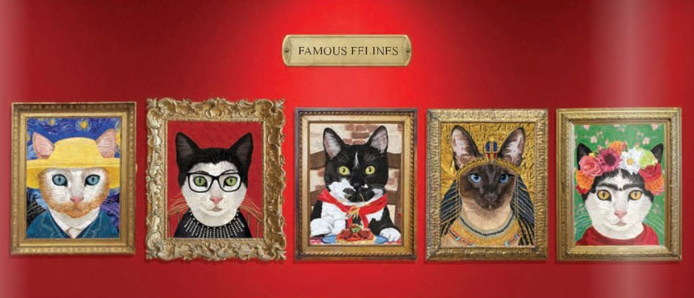 Katzenporträts der Serie Famous Felines von PPD mit Kunstmotiven von Patti Gay – humorvolle Neuinterpretationen berühmter Gemälde auf rotem Hintergrund in goldenen Rahmen.