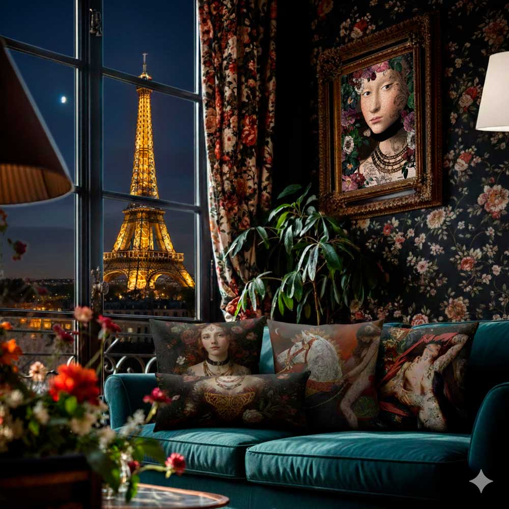 Luxuriöses Wohnzimmer mit Blick auf den beleuchteten Eiffelturm, floraler Einrichtung und kunstvollen Voglio Bene Designkissen – opulentes Pariser Ambiente bei Nacht.