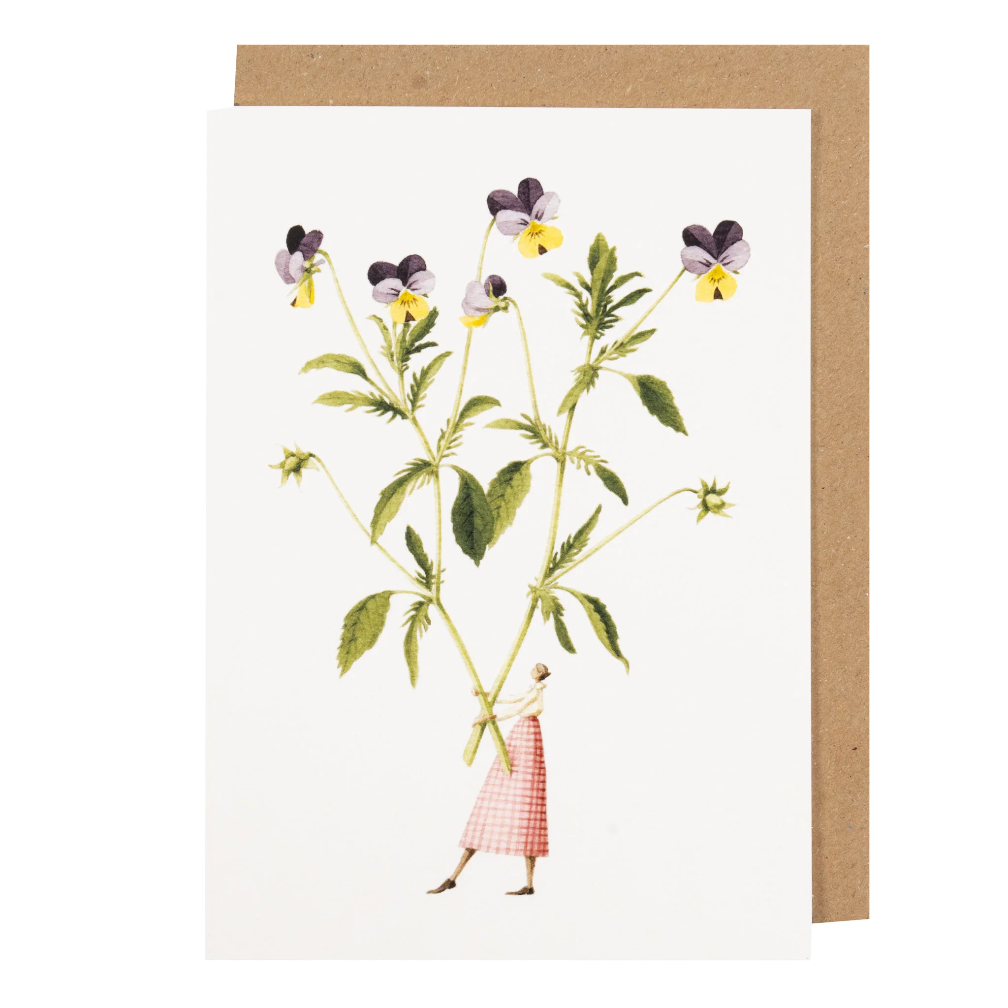 Grußkarte „Viola“ von Laura Stoddart mit zarten Stiefmütterchen im Aquarellstil und poetischer Miniaturfigur – botanische Papeterie aus England mit floraler Leichtigkeit.