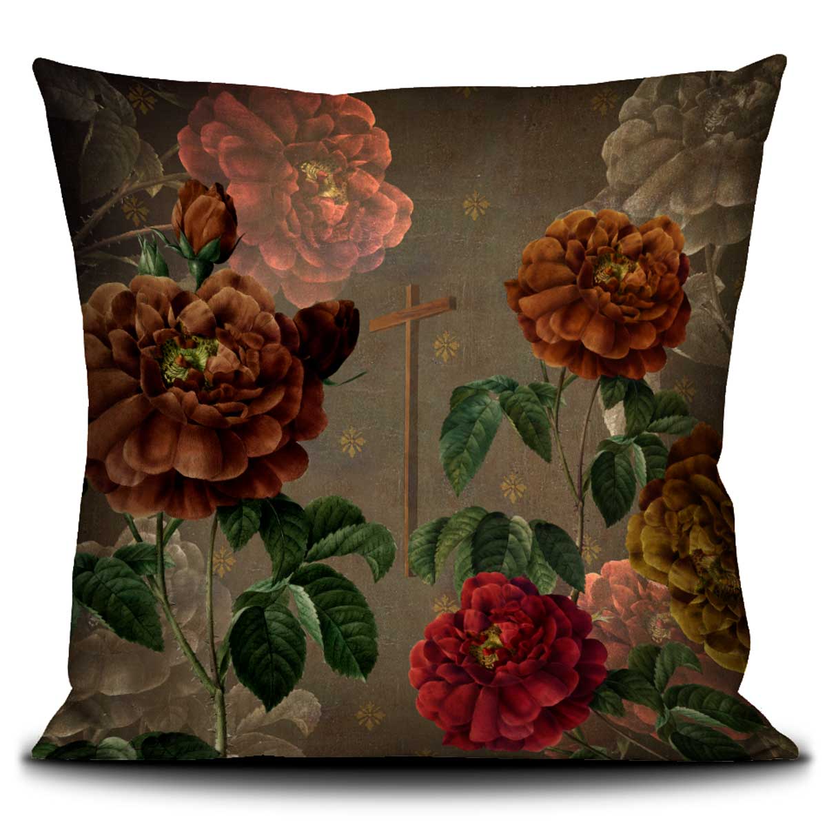Voglio Bene Kissen SAINTE THÉRÈSE Rückseite 60x60 cm – luxuriöses Samtkissen mit floralen Blüten und Kreuzmotiv in warmen Naturfarben