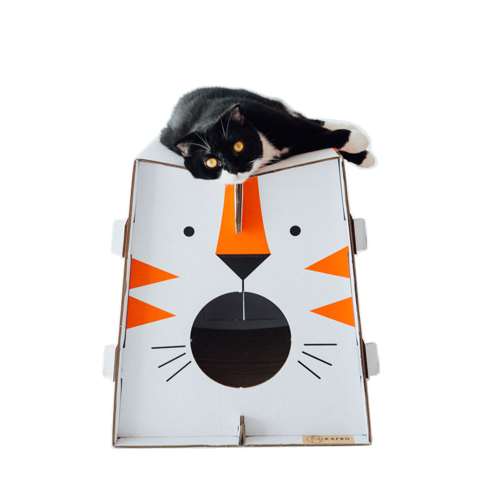 Safari Katzenhaus „Tiger“ von KAFBO – modernes Katzenhaus aus Karton mit fröhlichem Tigermotiv. Nachhaltig, stabil und ideal als Rückzugsort oder Spielhaus für Katzen.