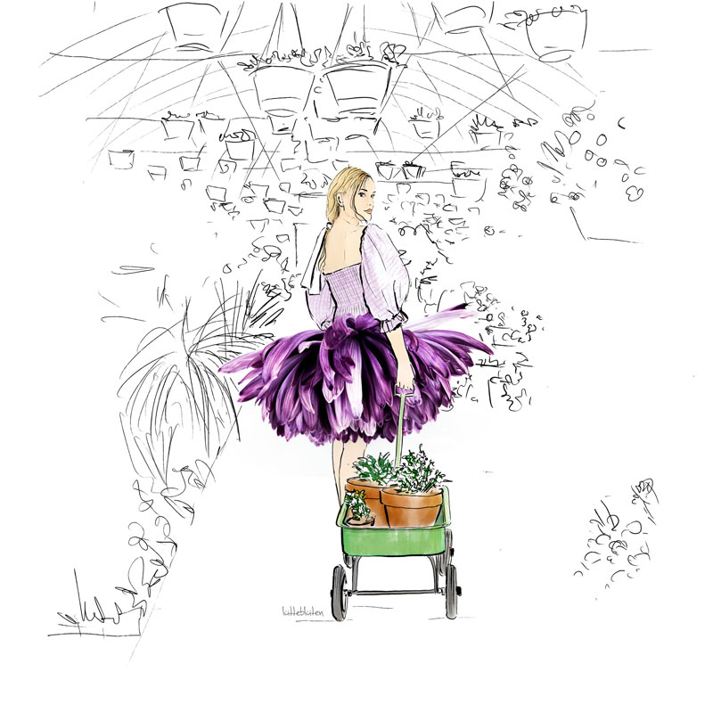 Illustration von Lütteblüten: Eine Frau mit blonder Frisur trägt ein lilafarbenes Blütenkleid und zieht einen grünen Wagen voller Blumentöpfe durch ein skizziertes Gartencenter.