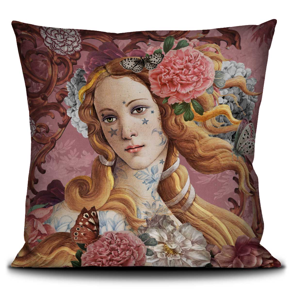 Voglio Bene Kissen VÉNUS 60x60 cm – kunstvolles Samtkissen mit weiblichem Porträt, floralen Elementen und Schmetterlingen in Rosé- und Beerentönen