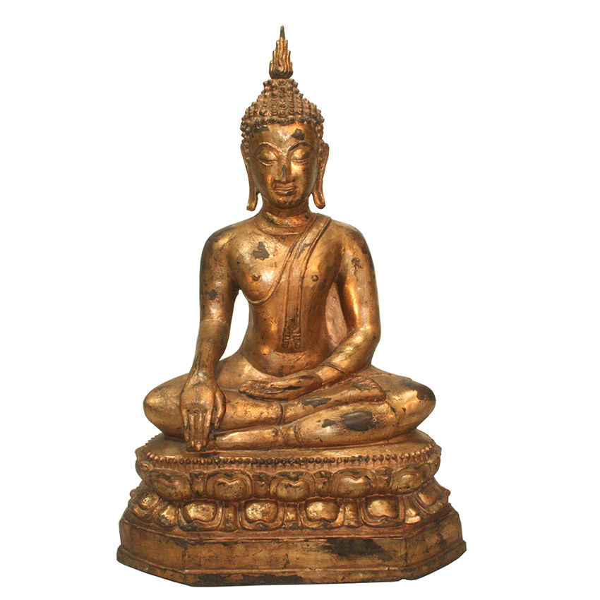 Sitzende Siddharta Gautama Buddha Figur aus Bronze auf Lotosblumenthron – vergoldete Bronzestatue in Meditationshaltung, Symbol für Erleuchtung und Frieden