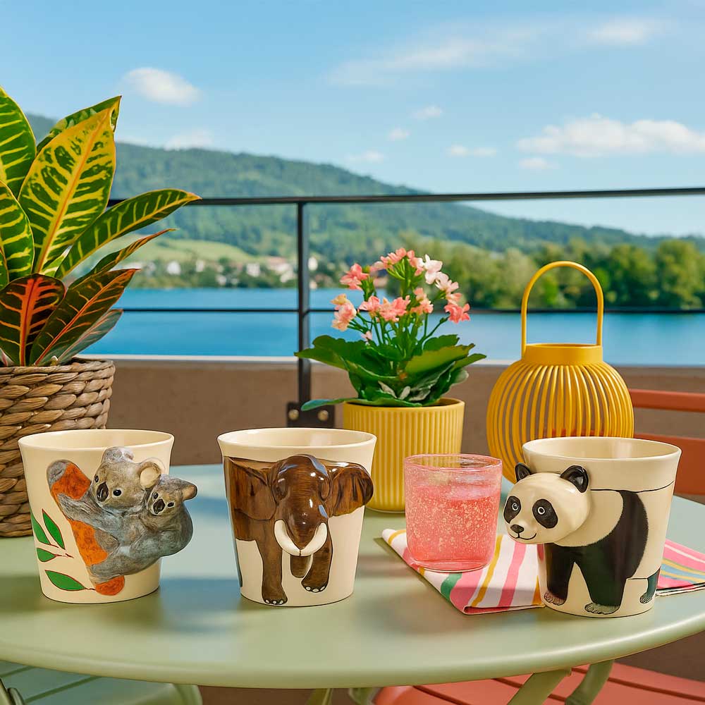 Plastische Tiermotive in 3D-Optik machen jede Tasse zu einem kleinen Kunstwerk Keramiktassen mit 3D-Tiermotiven – liebevoll gestaltete Becher mit Panda, Elefant und Koala, ideal für Kaffee oder Tee und ein fröhlicher Hingucker auf Balkon oder Frühstückstisch.