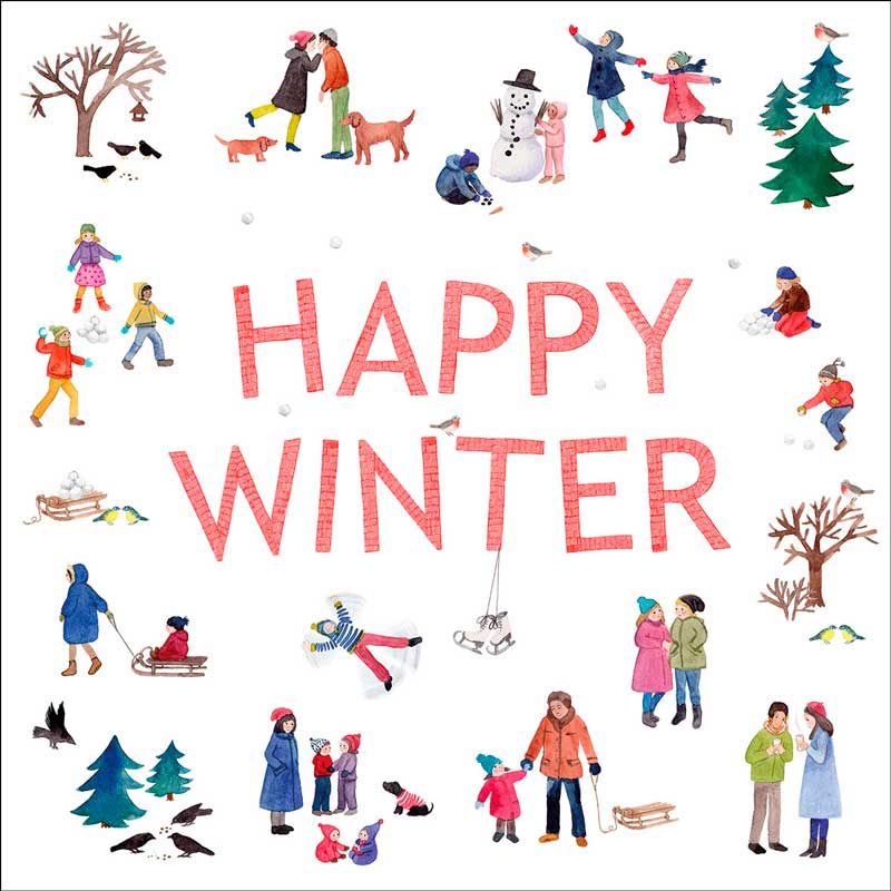 PPD Serviette „Happy Winter“ mit fröhlichen Wintermotiven: spielende Kinder, Schneemann, Tannenbäume und Schlittenfahren – farbenfrohes Design für die Winterzeit.
