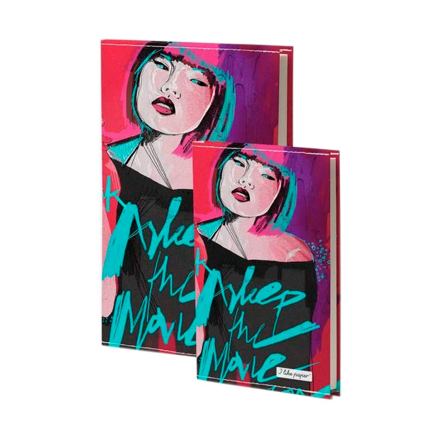 Design-Notizbuch Asleep von I Like Paper – stilvolles Notebook im modernen Streetart-Look aus Berlin, farbenfrohes Motiv mit Porträtillustration in Pink, Türkis und Schwarz