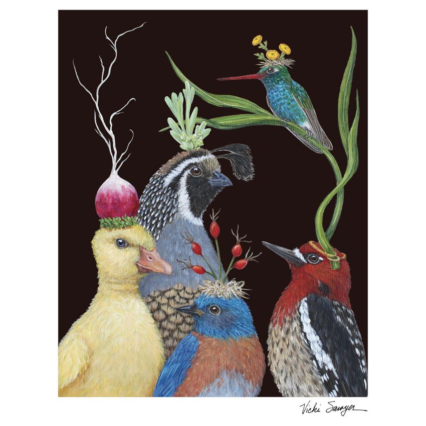 Art Print „New to the Neighborhood“ von Vicki Sawyer – skurrile Vogelszene mit floralen Elementen, hochwertiger Kunstdruck auf Baumwollpapier