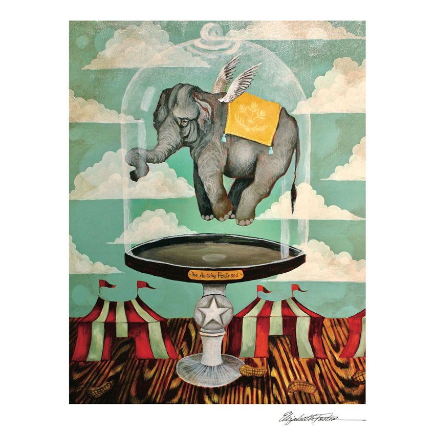 Illustration von Elizabeth Foster: Ein fliegender Elefant mit Flügeln schwebt unter einer Glaskuppel über einem Zirkuszelt – fantasievoll, charmant und im verspielten Retro-Stil gemalt.