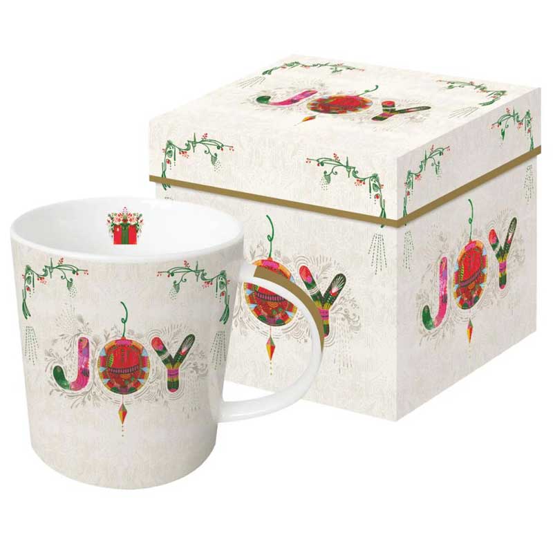 PPD Tasse „Joy“ mit festlichem Schriftzug und bunten Ornamenten, verziert mit floralen Details und passender Geschenkbox – stilvolle Weihnachtstasse von PPD.