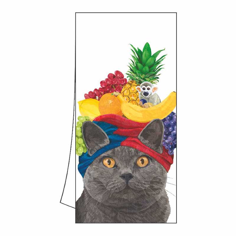 Carmen PPD Geschirrtuch „Carmen“ mit grauer Katze, Früchtehut und kleinem Affen – humorvolles, farbenfrohes Design von Vicki Sawyer für eine originelle Küchendeko.
