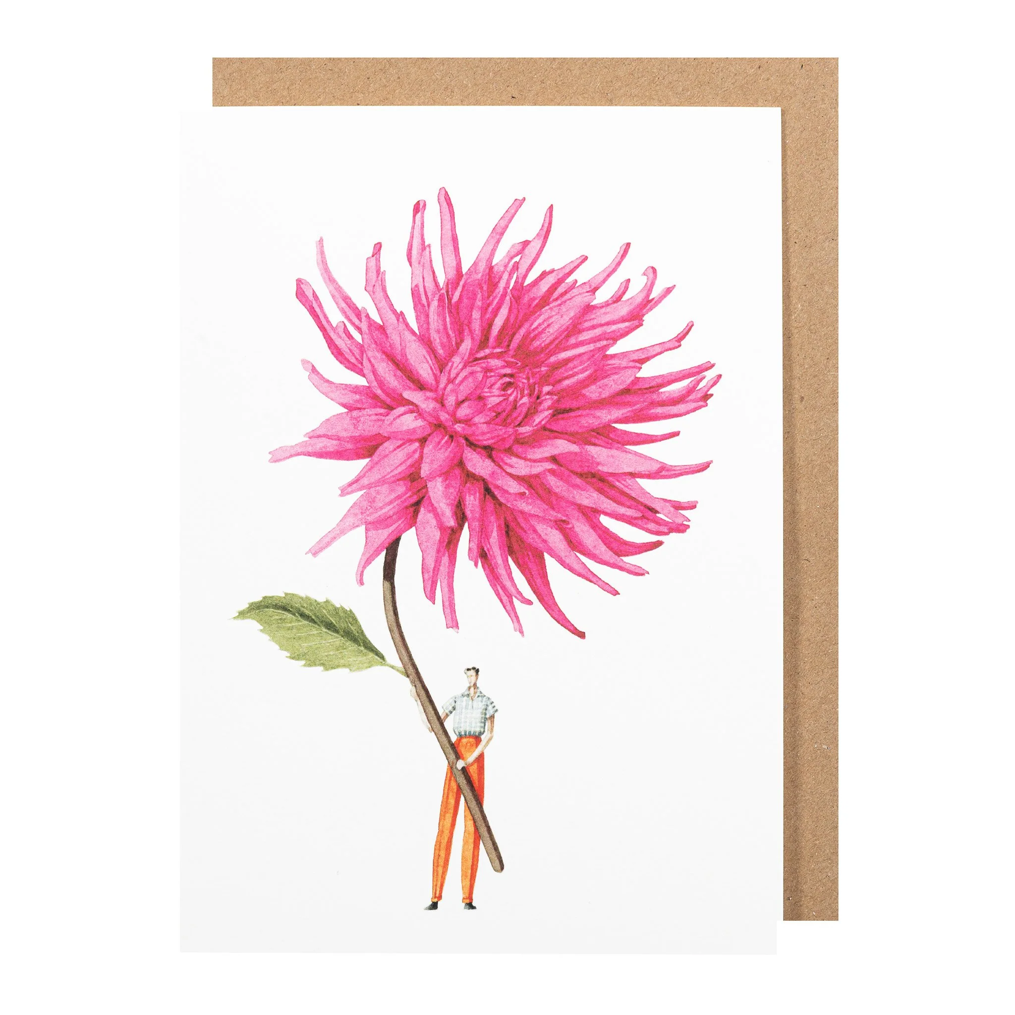 Grußkarte „Pink Dahlia“ von Laura Stoddart mit leuchtend pinker Dahlienblüte und filigraner Miniaturfigur – elegante florale Kunstkarte im poetischen Aquarellstil.