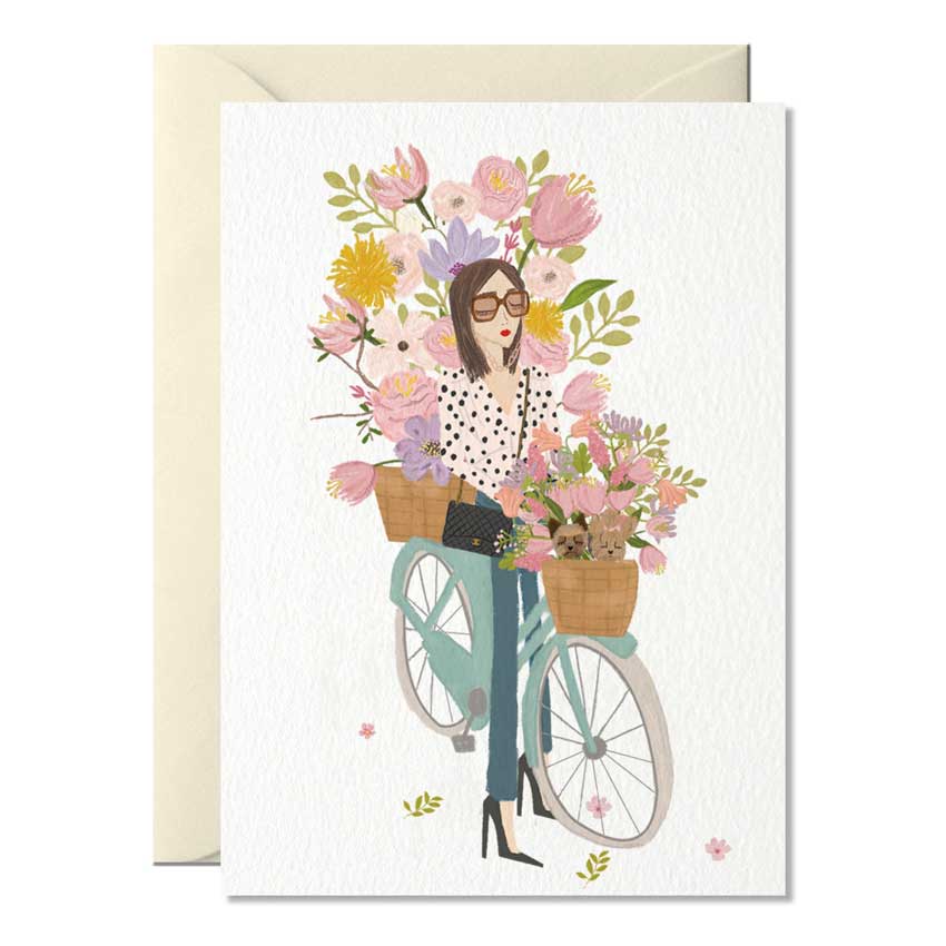 Illustration von Nelly Castro: Frau mit Sonnenbrille auf Fahrrad voller bunter Blumensträuße und kleinem Hund im Korb. Grußkarte „Flower Girl“ – stilvoll, modern und fröhlich gestaltet.