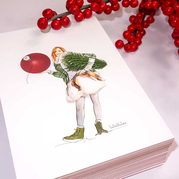 Weihnachtliche Grußkarte von Lütteblüten mit stilvoller Modeillustration einer Frau mit Tannenbaum und Christbaumkugel – elegante Papeterie für festliche Grüße.