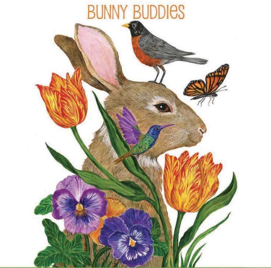 Illustration eines Hasen mit bunten Frühlingsblumen, Vogel, Schmetterling und Kolibri – fröhliches Motiv im Osterdesign mit dem Schriftzug „Bunny Buddies“.