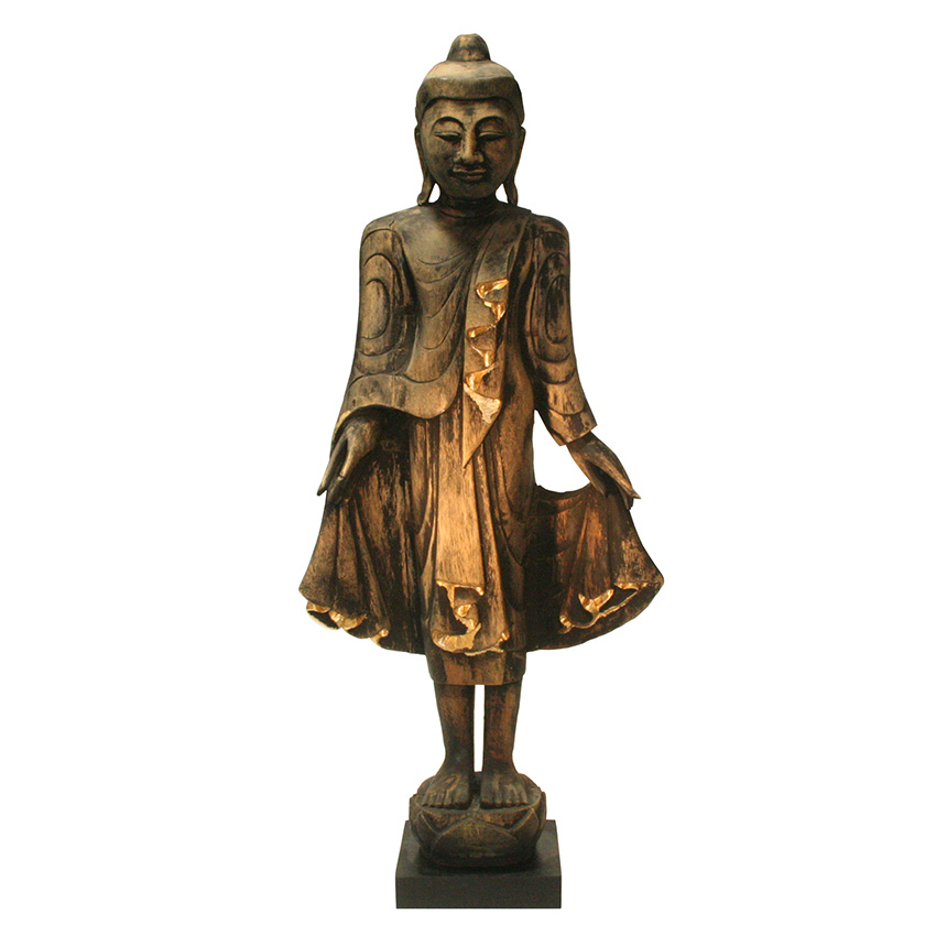 Stehende Buddhafigur aus Holz, fein von Hand geschnitzt mit natürlicher Patina. Ausdrucksvolle asiatische Kunst mit anmutiger Haltung und harmonischer Ausstrahlung.