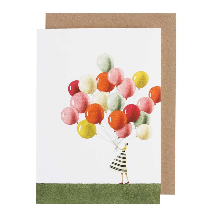 Grußkarte von Laura Stoddart: zarte Illustration einer Frau in gestreiftem Kleid, die einen großen Strauß bunter Luftballons hält. Verspielte und elegante Karte für Geburtstage oder Glückwünsche.