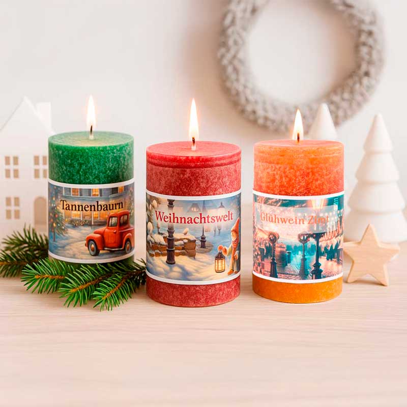 Drei brennende Schulthess Duftkerzen aus der Nostalgie Collection mit winterlichen Motiven – Düfte Tannenbaum, Weihnachtswelt und Glühwein Zimt, dekoriert mit Tannenzweigen und Holzsternen auf einem hellen Holztisch.